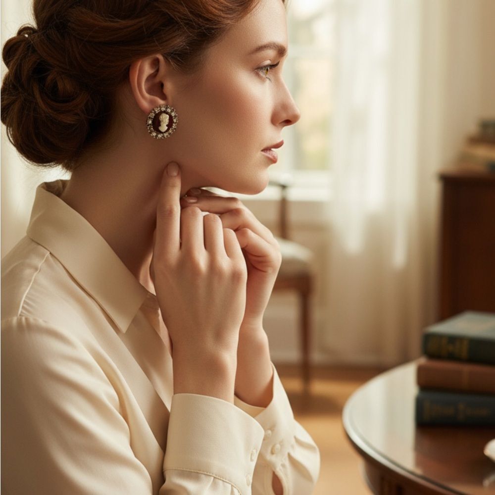 Vintage Cameo Screw Back Earrings – Gold Tone w/ Rhinestone Halo